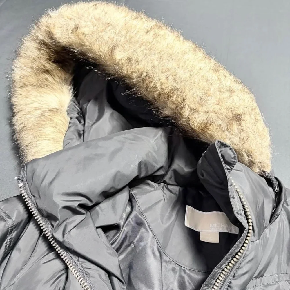 Michael Kors Down Puffer Coat Womens S Black Hooded Faux Fur Winter Jacket